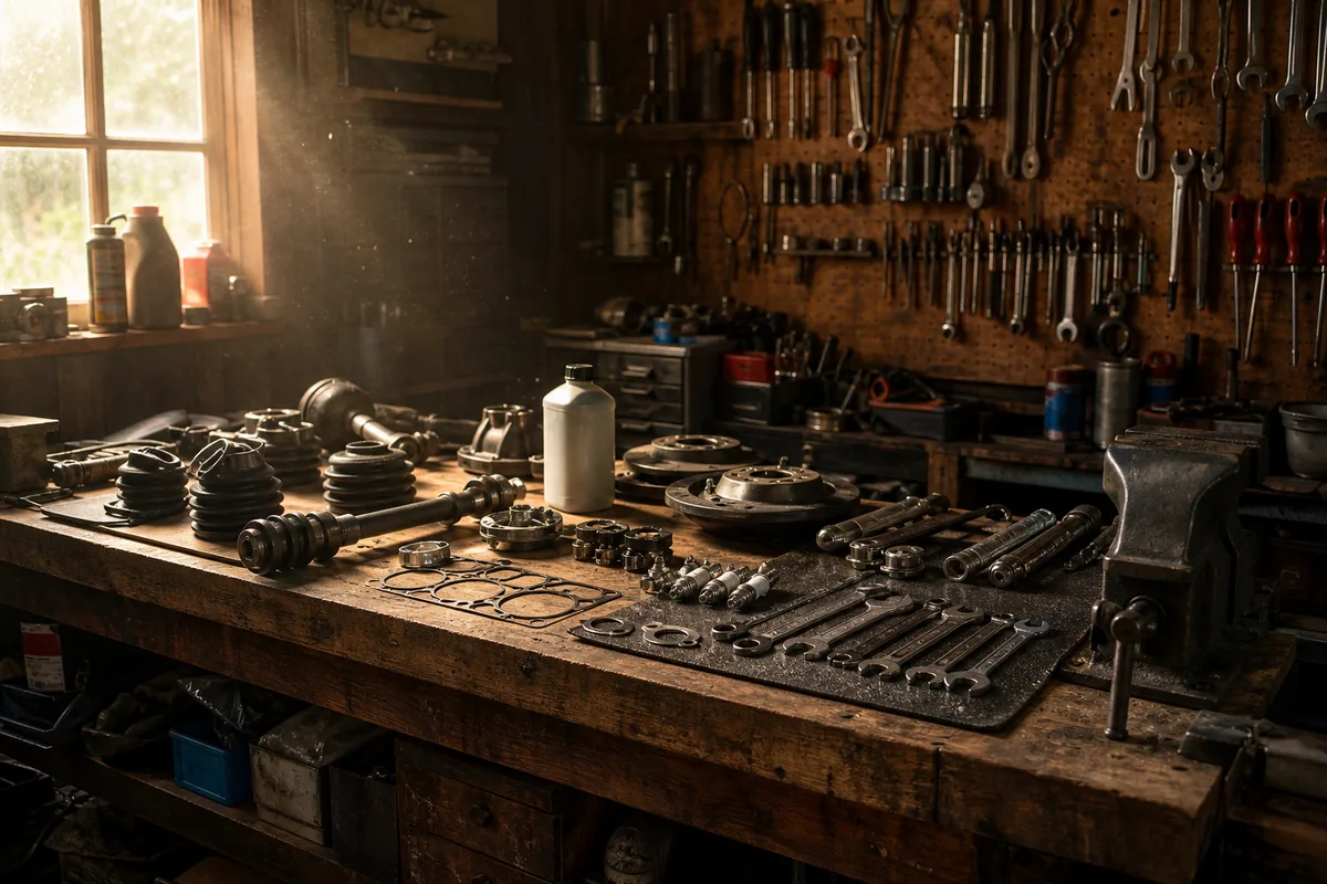 Établi d&rsquo;atelier avec pièces détachées de 2CV et outillage mécanique