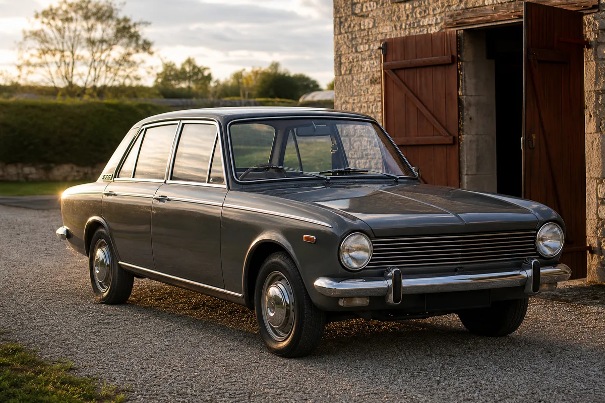 Ancienne berline de collection garée devant un garage privé en pierre