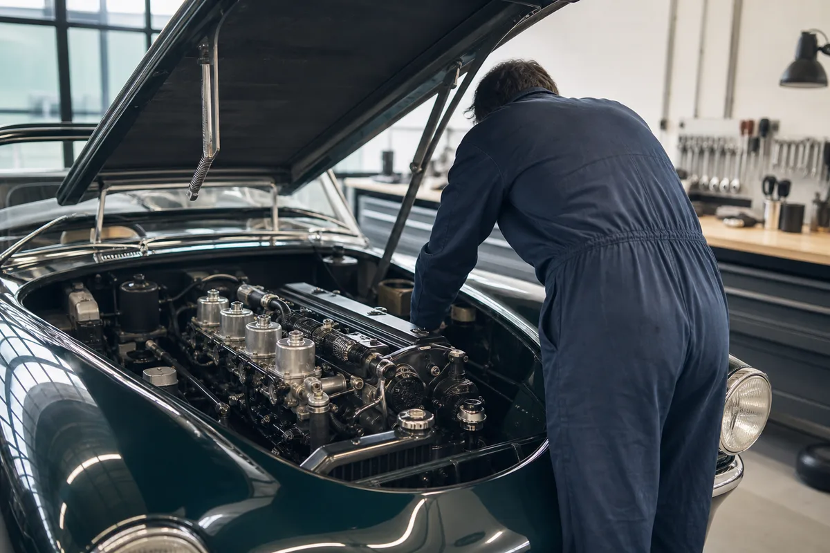 Expert automobile examinant le moteur ouvert d’une voiture de collection