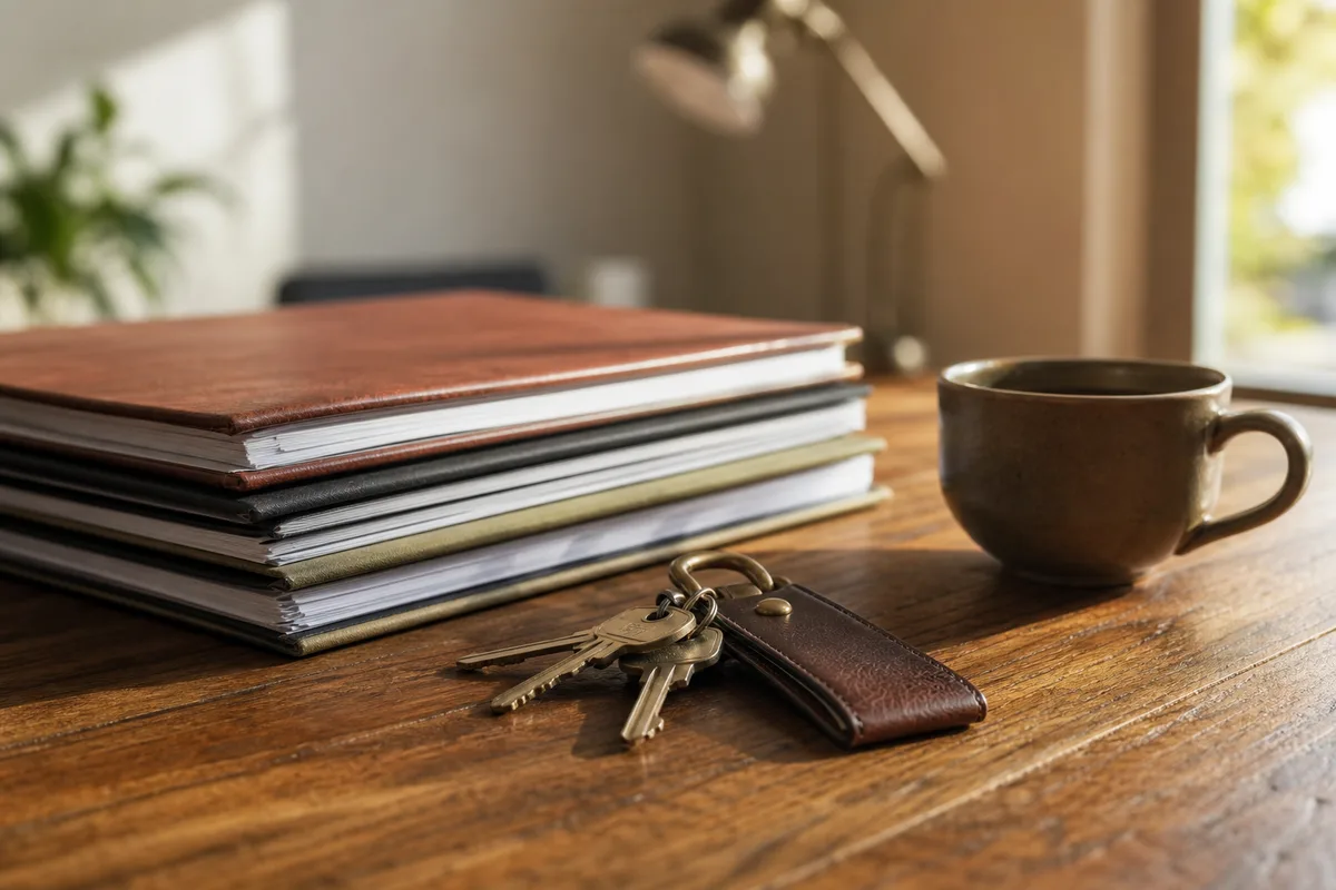 Dossier de documents et clés de voiture ancienne sur une table en bois
