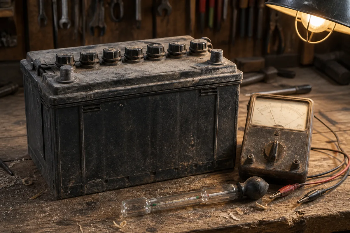 Batterie de voiture ancienne posée sur un établi d&rsquo;atelier avec cosses en plomb apparentes