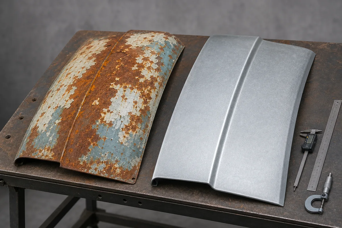 Comparaison d&rsquo;une carrosserie de voiture ancienne rouillée et d&rsquo;un panneau de tôle moderne traité, posés côte à côte dans un atelier