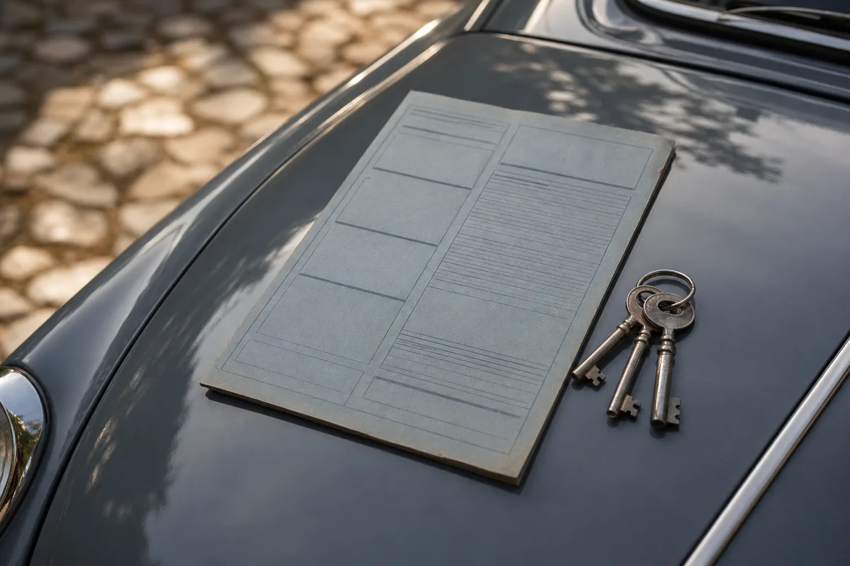 Certificat d’immatriculation collection posé sur le capot d’une voiture ancienne