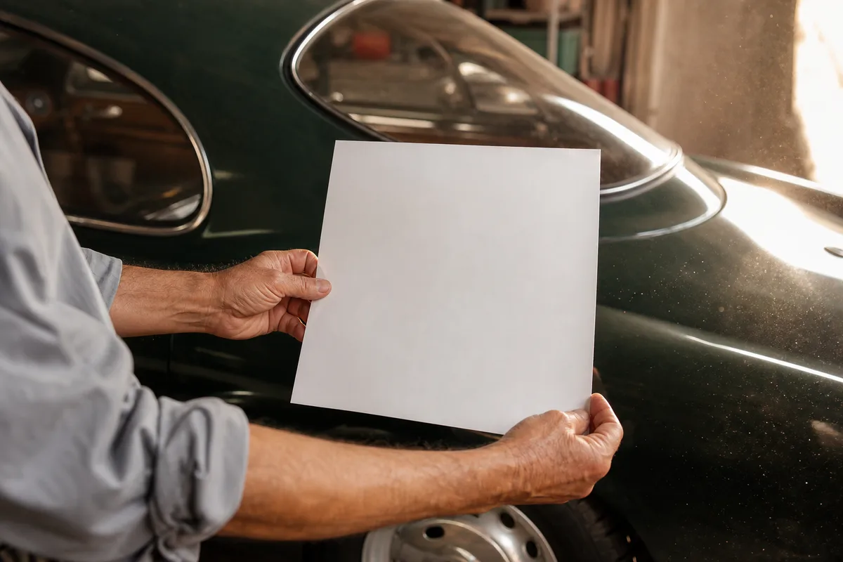 Mains d’un propriétaire vérifiant le procès-verbal de contrôle technique de son ancienne
