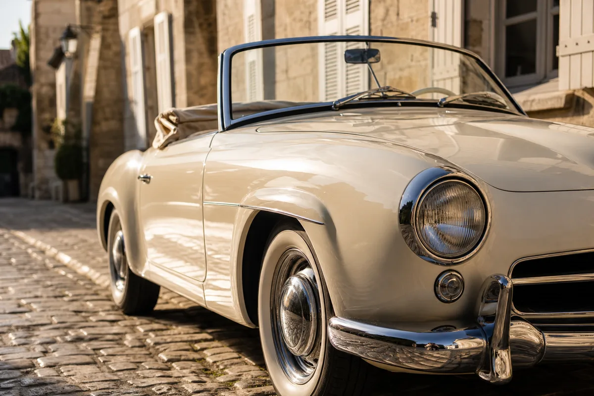 Cabriolet ancien de couleur crème garé devant une façade en pierre au soleil rasant