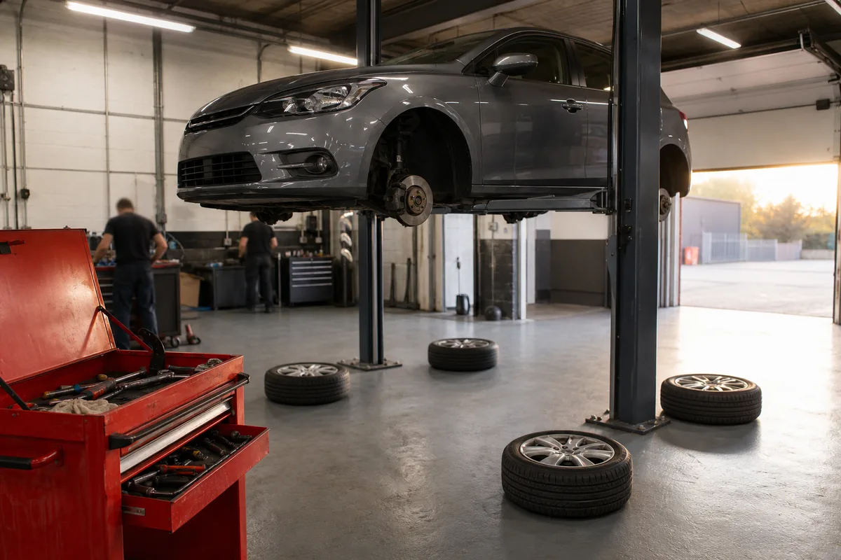 Atelier de réparation automobile avec un véhicule sur pont élévateur et outillage de tôlerie