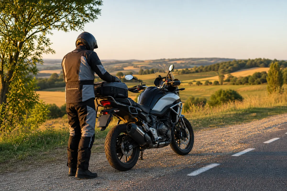 Motard vu de dos sur une moto trail routière garée sur une aire de repos au bord d&rsquo;une route de campagne française