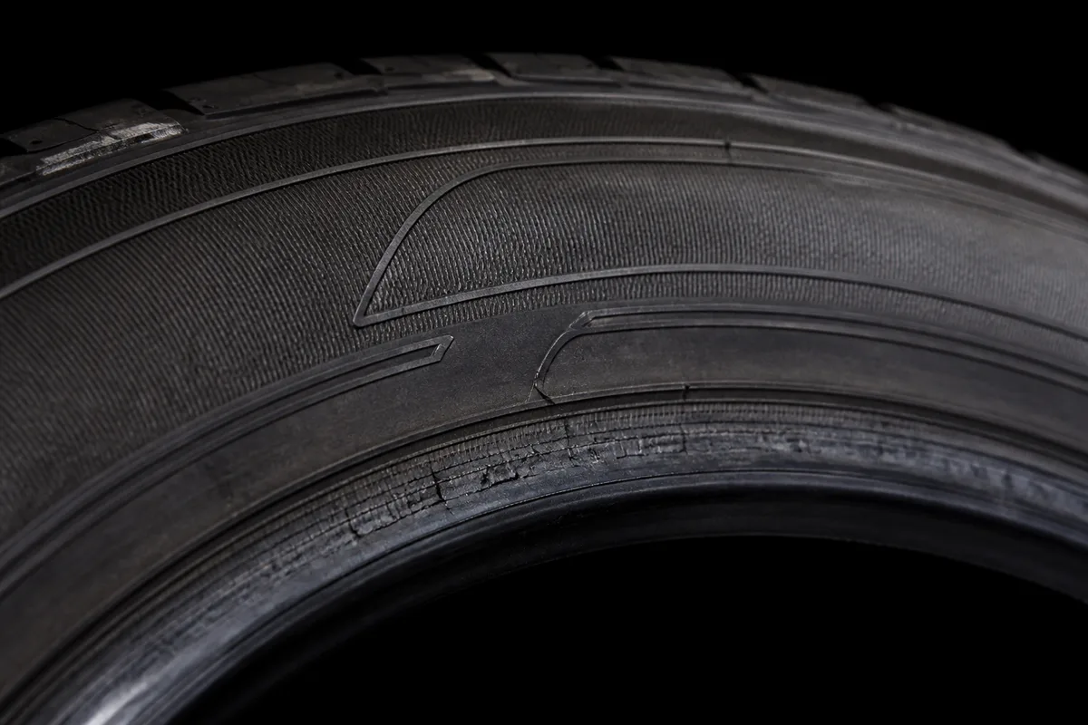 Détail du marquage latéral d&rsquo;un pneumatique avec relief de gomme en lumière rasante