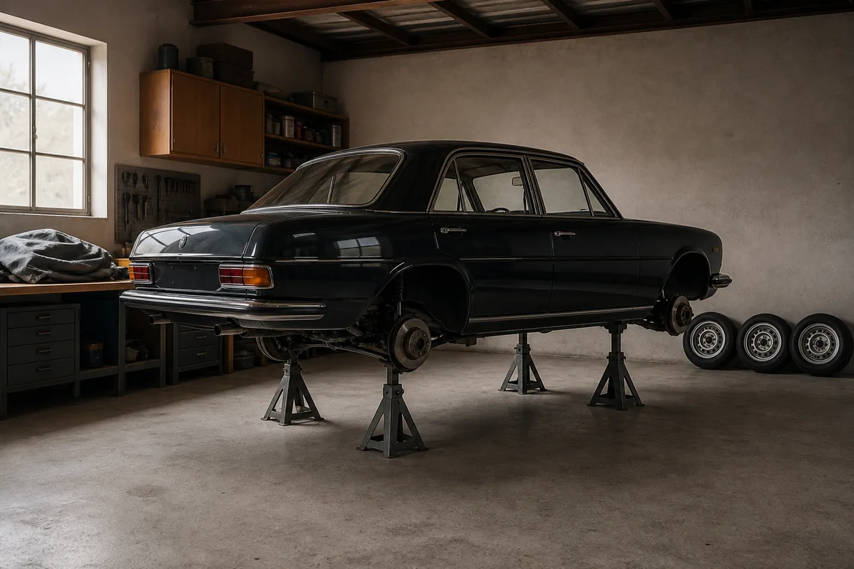 Voiture ancienne posée sur chandelles dans un garage privé pendant l&rsquo;hivernage