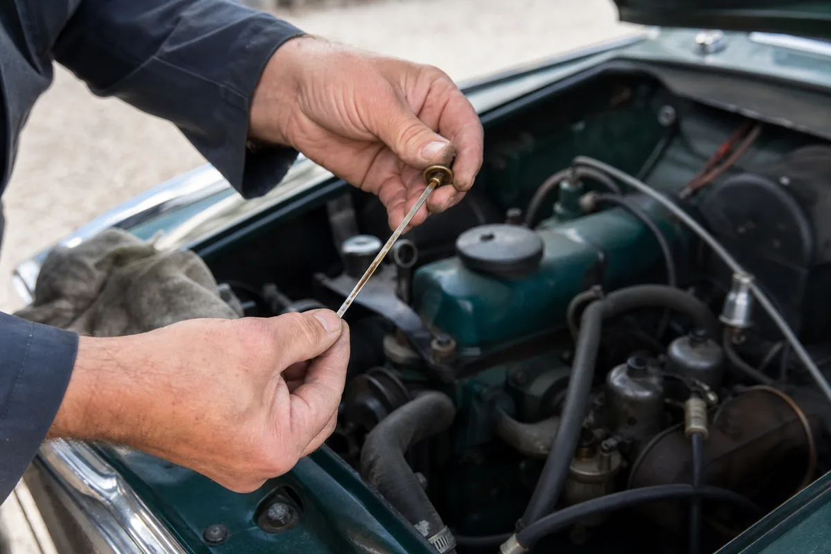 Mains d&rsquo;un mécanicien vérifiant la jauge d&rsquo;huile sous le capot ouvert d&rsquo;une voiture ancienne